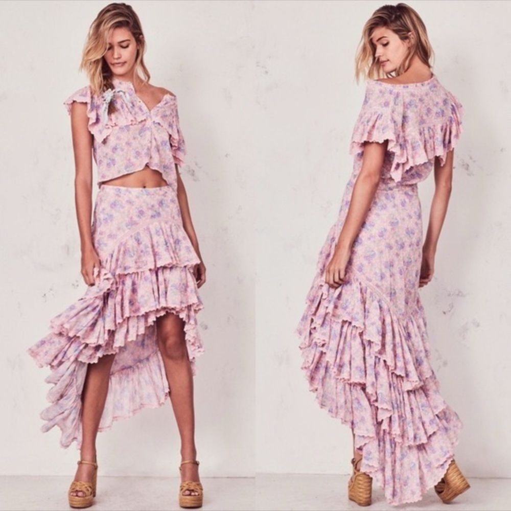 LoveShackFancy Elle Ruffle Hi-Low Maxi Floral skirt